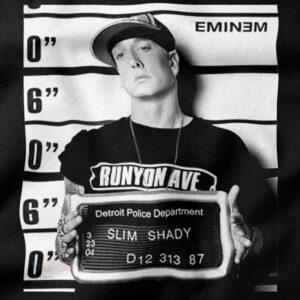 Black crewneck featuring iconic Eminem mugshot design