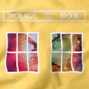 Doctor Who sweatshirt with blue Police Box and cosmic background