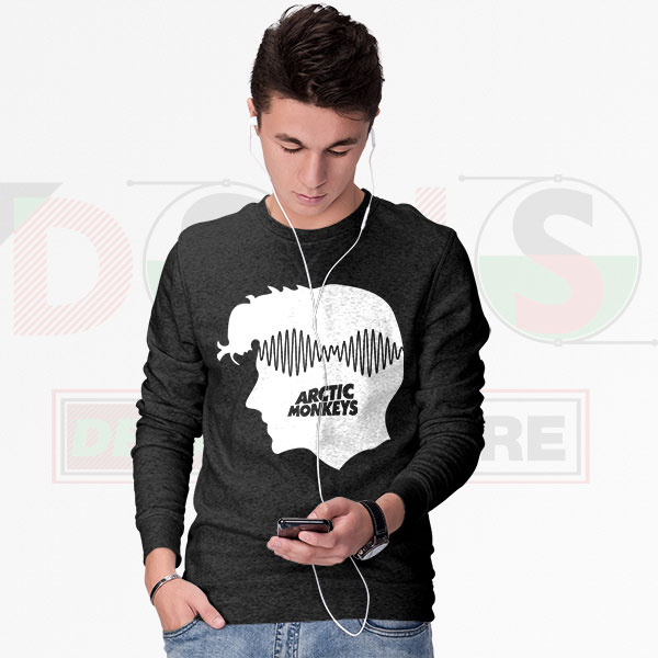 Indie rock band sweatshirt with wave-style AM head design.