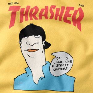 Bold yellow streetwear t-shirt featuring cartoon skate design