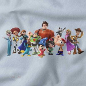 Colorful Disney cartoon movie character lineup on T-shirt