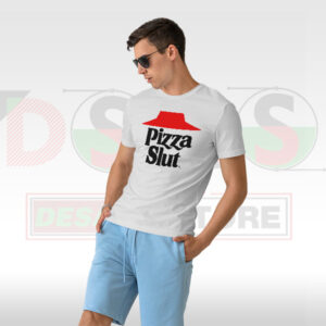 Pizza Slut Funny Logo Parody T-Shirt Graphic Front View”