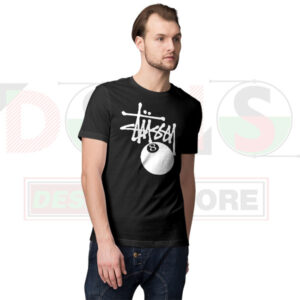 Black t-shirt with bold 8-ball streetwear graphic
