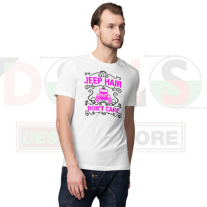 Jeep Hair Don’t Care graphic T-shirt with adventure quote design
