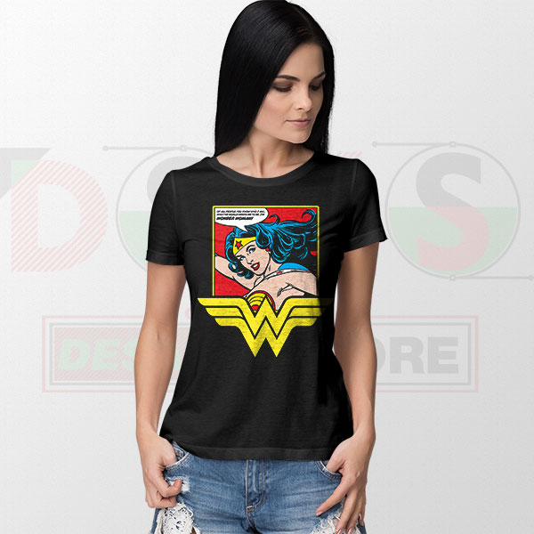 Wonder Woman comic-inspired graphic T-shirt with bold hero artwork