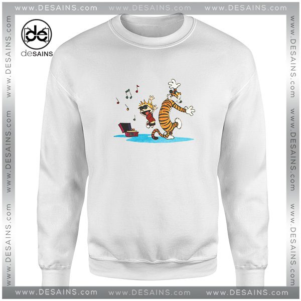 Cheap Graphic Sweatshirt Calvin and Hobbes Dance and Happy