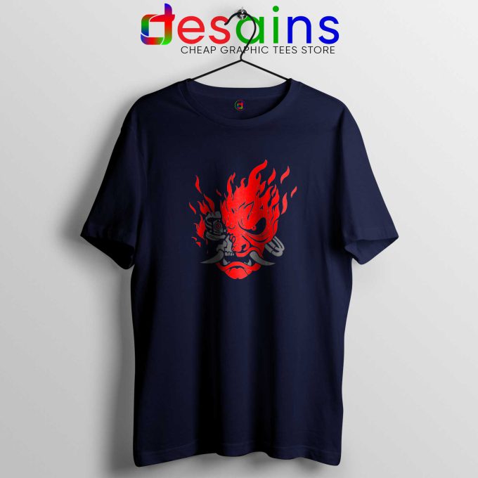 Cyberpunk 2077 Navy Tee Shirt Samurai Demon Slim Graphic Tshirt