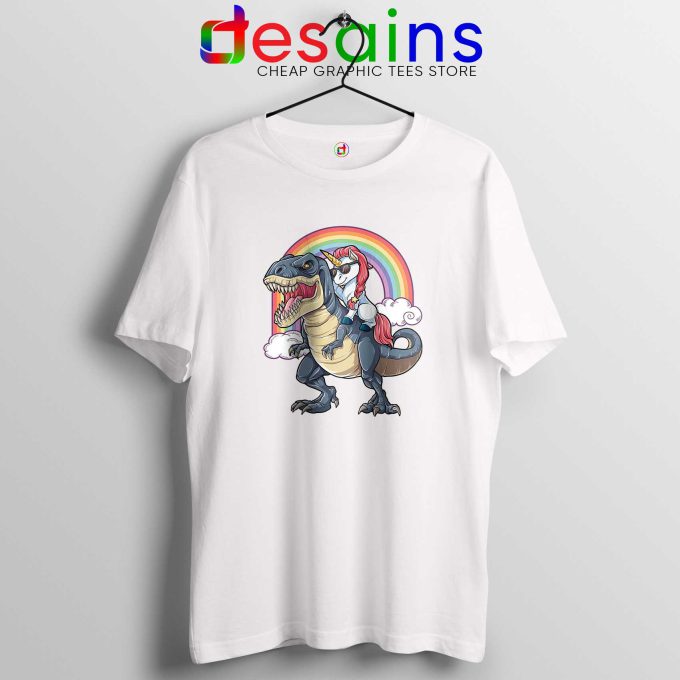 Unicorn Riding Dinosaur Rainbow White Tshirt Cheap Tee Shirts Unicorns