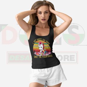 Unicorn decorating cupcakes retro rainbow tank top Black Womens