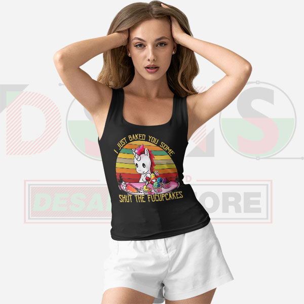 Unicorn decorating cupcakes retro rainbow tank top Black Womens