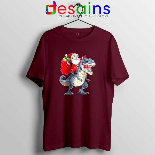 Santa Riding Dinosaur Maroon Tshirt Cheap Tee Shirts Dinosaur Christmas