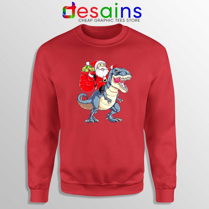 Santa Riding Dinosaur Red Sweatshirt Cheap Ugly Sweater Santa Christmas