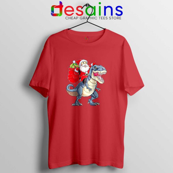 Santa Riding Dinosaur Red Tshirt Cheap Tee Shirts Dinosaur Christmas