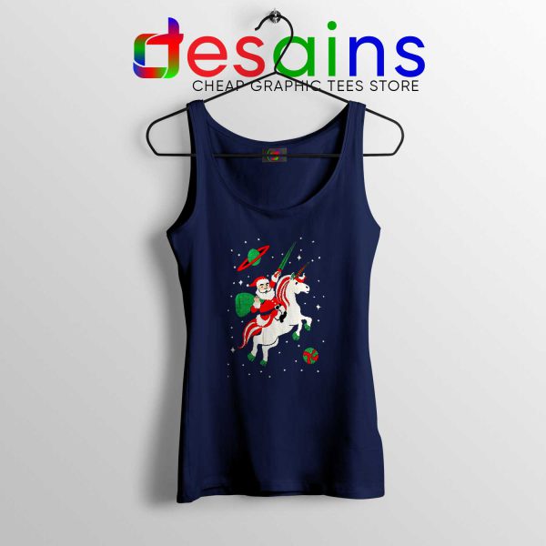 Santa Unicorn Ugly Christmas Navy Tank Top Santa Riding a Unicorn Tank Tops