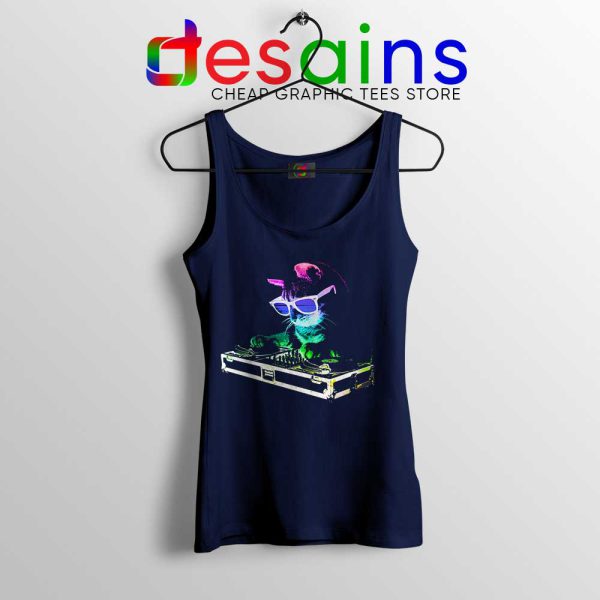 House Cat Rainbow DJ Kitty Navy Tank Top Cheap Cat DJ Tank Tops