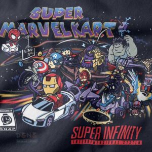 Funny kids graphic tee featuring superhero kart mashup illustration