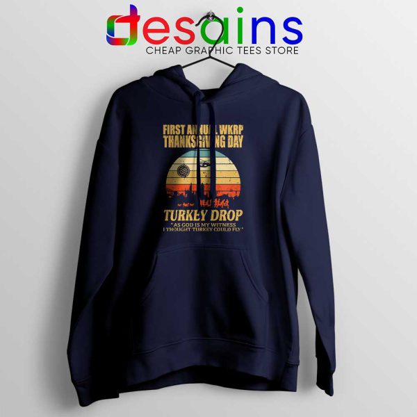 WKRP Thanksgiving Turkey Drop Navy Hoodie WKRP in Cincinnati Hoodies