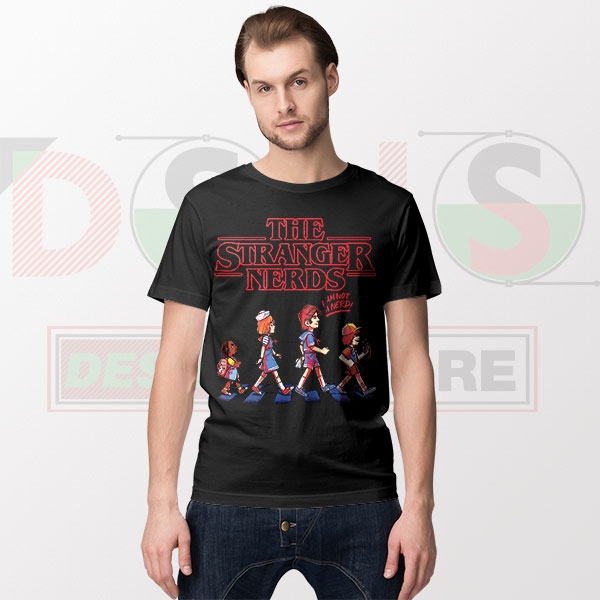 Stranger Things Nerds Cartoon Parody T-Shirt - Walking in Abbey Road