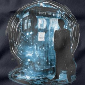 tank top featuring silhouette of 10th Doctor and TARDIS in a blue storm