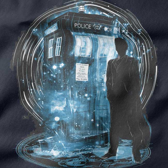 tank top featuring silhouette of 10th Doctor and TARDIS in a blue storm