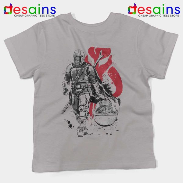 Baby Yoda and Lone Hunter Kids Sport Grey Tshirt The Mandalorian Youth