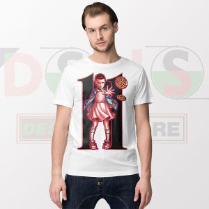 White graphic t-shirt with Eleven telekinetic waffle design – DESAINS STORE