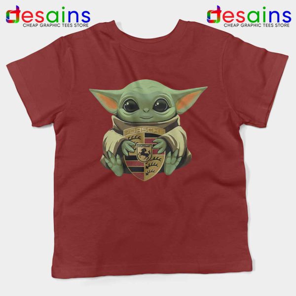 Baby Yoda Porsche Logo Maroon Kids Tshirt The Child Mandalorian Youth