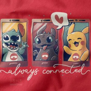 Cartoon mashup graphic tee featuring Stitch, Toothless, and Pikachu screens