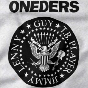 The Oneders band logo on a black shirt showing the names Lenny, Guy, T.B. Player, and Jimmy around an eagle