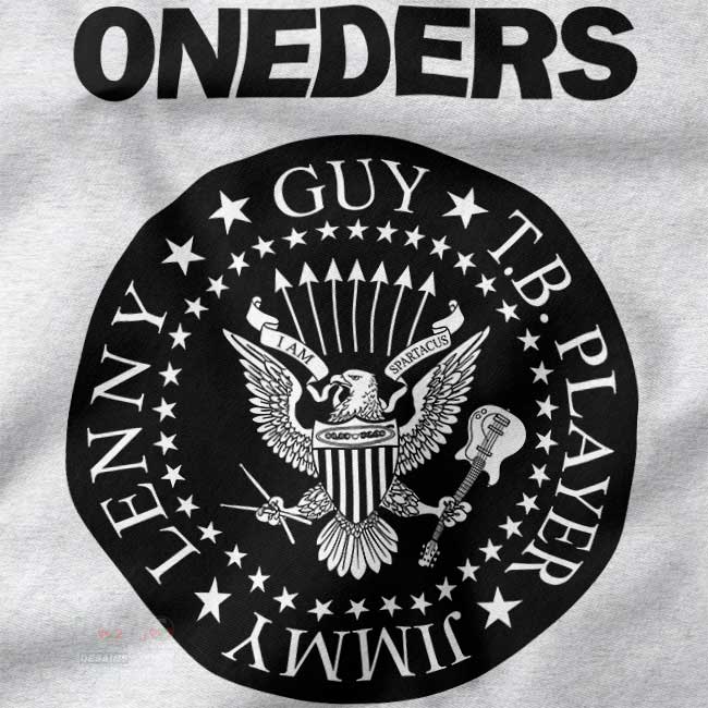 The Oneders band logo on a black shirt showing the names Lenny, Guy, T.B. Player, and Jimmy around an eagle