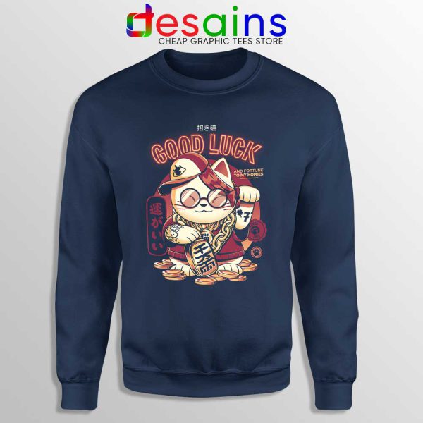 Gold Lucky Cat Navy Sweatshirt Good Luck Maneki-neko Sweaters