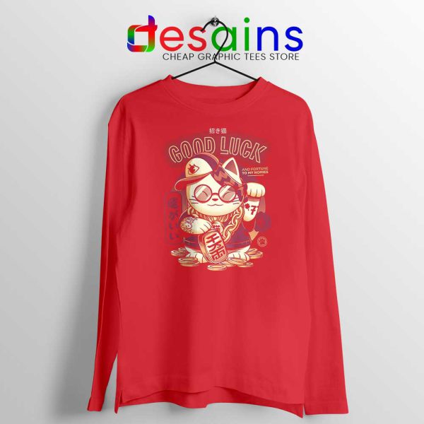 Gold Lucky Cat Red Long Sleeve Tshirt Good Luck Maneki-neko Tees