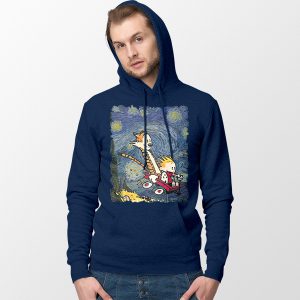 Calvin Hobbes Starry Night Navy Hoodie Comic Strip