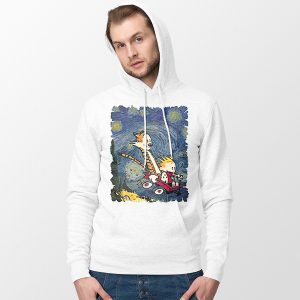 Calvin Hobbes Starry Night White Hoodie Comic Strip