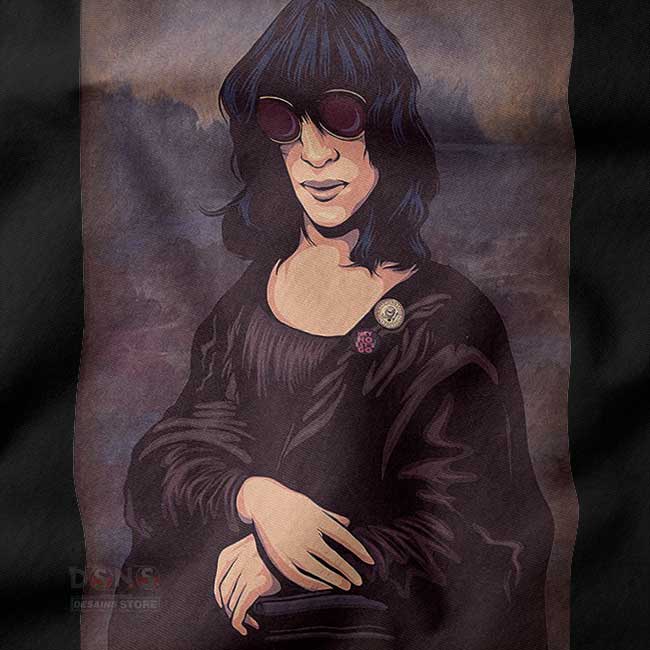 parody graphic tee with Ramona-inspired Mona Lisa portrait