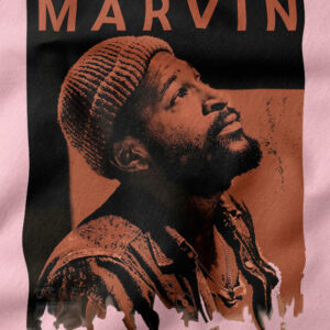 90s vintage bootleg style graphic t-shirt design featuring a two-tone orange and black portrait of soul singer Marvin Gaye looking upward.