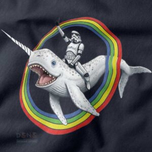 Stormtrooper Pride LGBT cartoon character riding a white whale through a rainbow ring