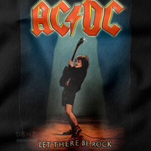 Close up of AC/DC classic rock band graphic tee showing the iconic orange and yellow logo above a guitarist silhouette.