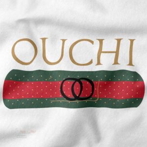 Close up of Ouchi bandage graphic tee, a funny spoof on high-end fashion
