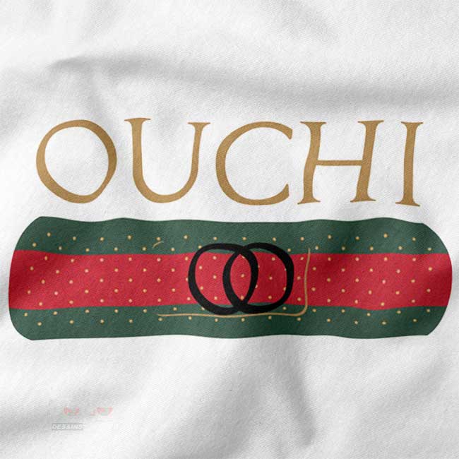 Close up of Ouchi bandage graphic tee, a funny spoof on high-end fashion
