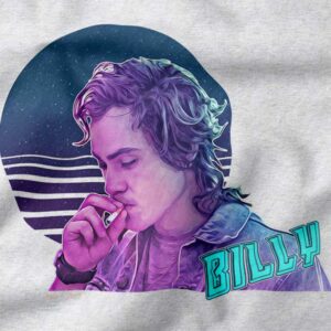 Billy Hargrove Stranger Things character in purple retro synthwave art style