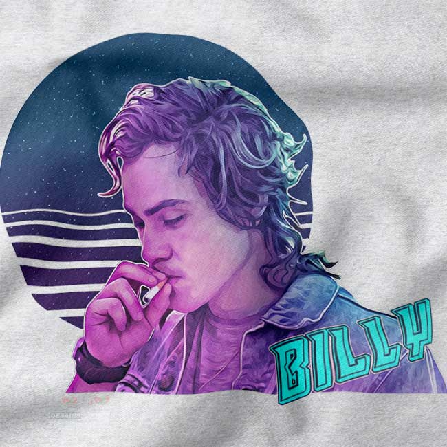 Billy Hargrove Stranger Things character in purple retro synthwave art style