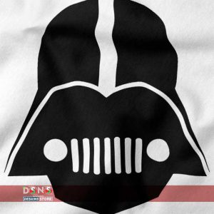 Closeup of DarthJeep design – Darth Vader Rogue One helmet Jeep logo print on black hoodie