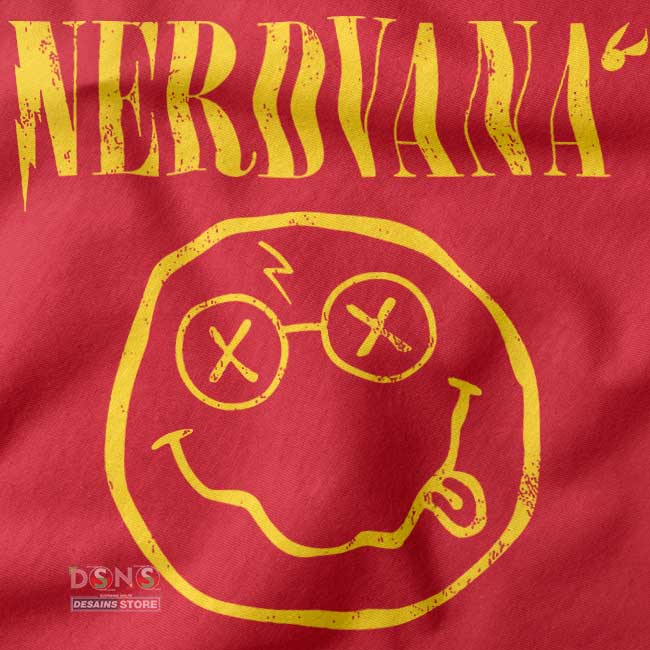 Close-up of Nerdvana Smiley Parody design – Funny Rock Meme Shirt