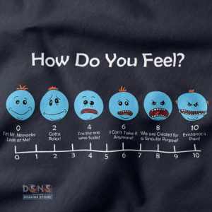 Funny Rick and Morty tank top featuring blue Meeseeks faces scale chart