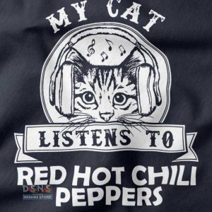 Close-up of cat and RHCP graphic design on black t-shirt