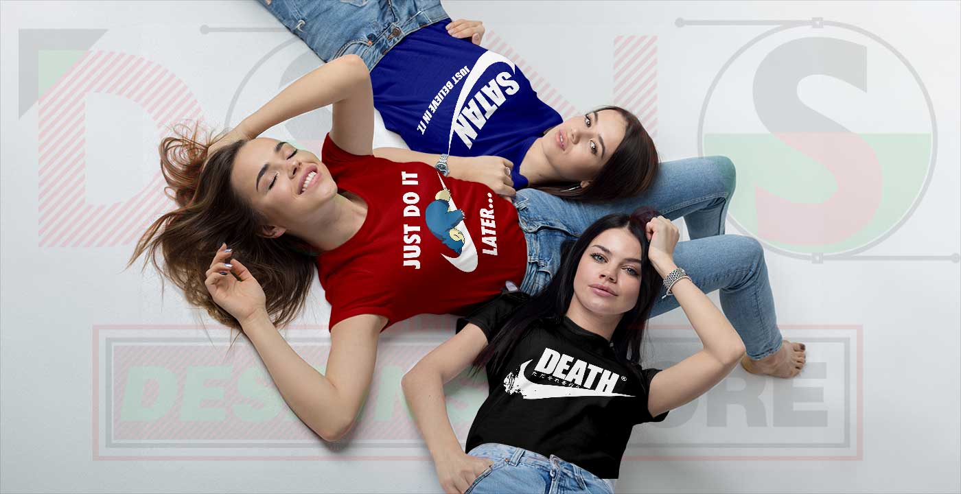 Three Womens Wearing Funny Parody Nike Shirts - DESAINS STORE