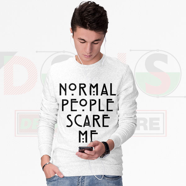 Black sweatshirt with “Normal People Scare Me” horror quote