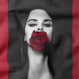 Red rose mouth poster-style graphic sweatshirt inspired by music art