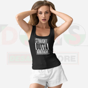 Straight Outta Arkham parody tank top in black streetwear style